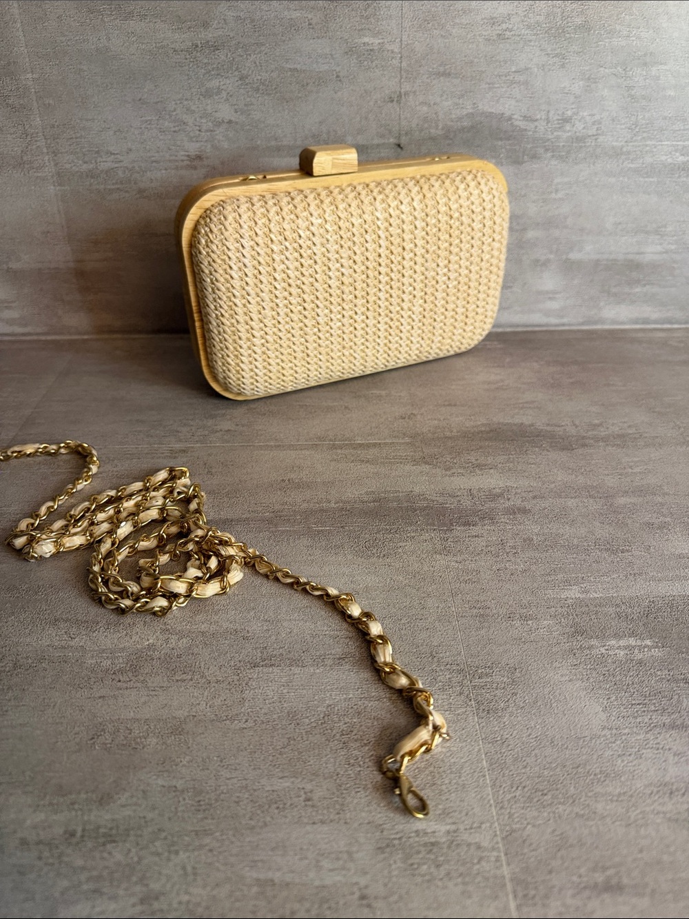 Woven Beige Clutch with removable Gold Chain